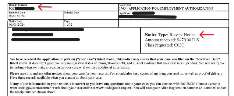 Here is where to find your receipt number on your receipt notice, which you may use to check your case status.