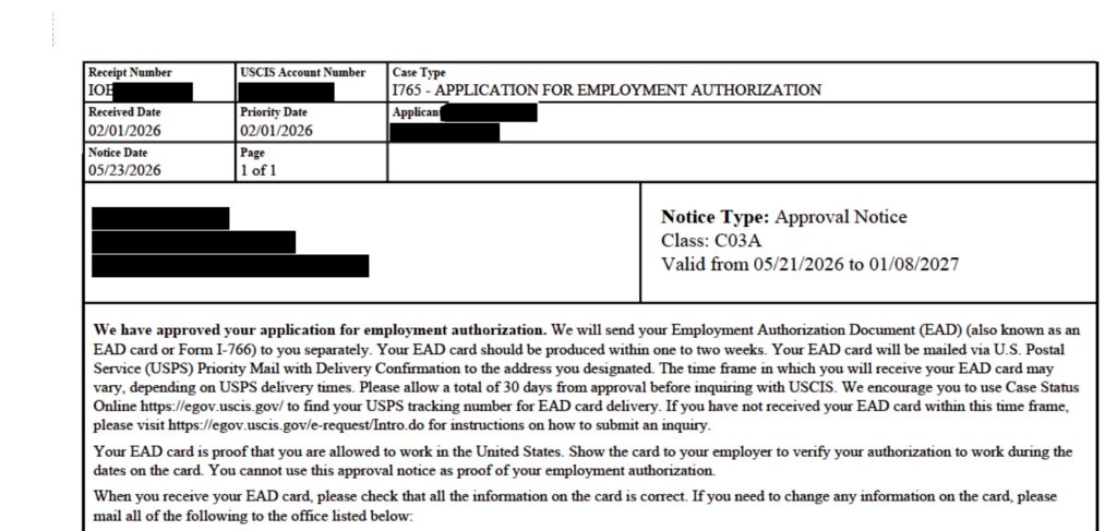 [Graphic] Employment authorization approval notice dated May 23, 2026, for Form I-765, class C03A, stating the application was approved and authorization is valid from May 21, 2026, to Jan. 8, 2027; personal identifying information is redacted.